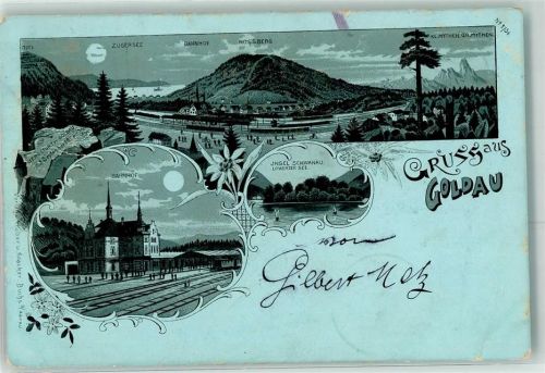 6410 Goldau 1898 Gebrauchsspuren Insel Schwanau Löwerzer See Bahnhof Lithographie/Mondschein