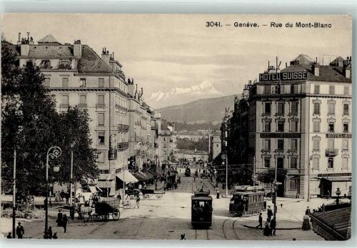 1200 Genève Genf - Rue du Mont Blanc Tram Hotel Suisse Pferdekutschen