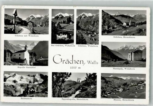 3925 Grächen 1957 Foto AK Wegkreuz Kirche Gasenried Balfrinhorn Bietschhorn Hannigalp