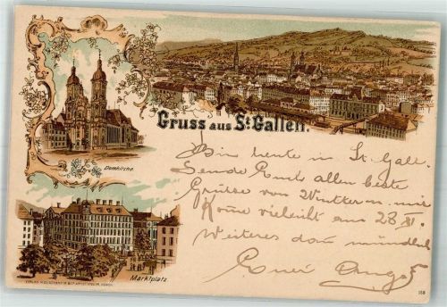 9000 St. Gallen S. Gallo 1897 Lithographie Dom- Kirche Marktplatz