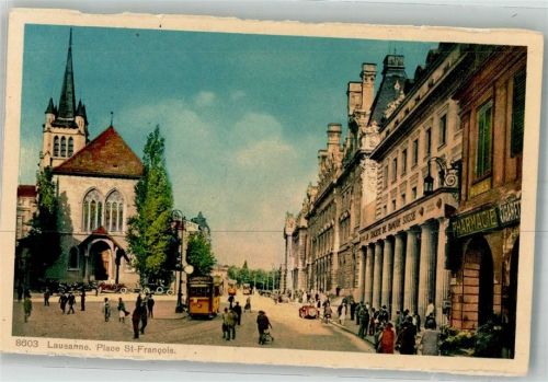 1000 Lausanne Losanna Foto AK Apotheke Kirche Straßenbahn Place St. Francois