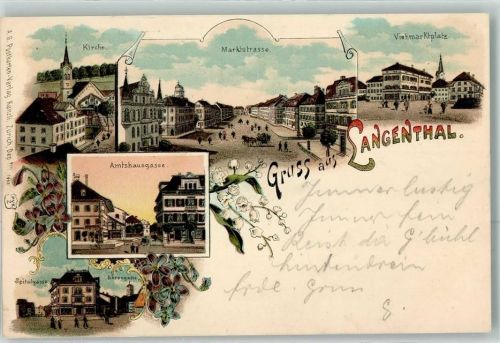 4900 Langenthal 1902 Lithographie Kirche Marktstrasse Viehmarktplatz Amtshausgasse Spitalgasse Bärengasse Verlag Künzli Nr 1448