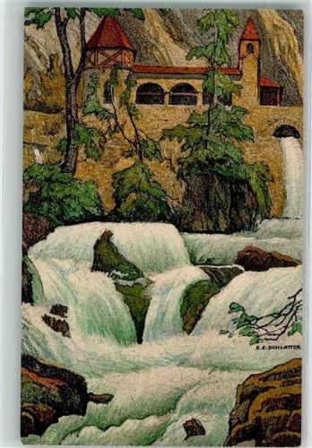 3800 Sundlauenen Künstlerkarte Beatushöhlen Kreuzgang über den Terassenfällen sign. Ernst E. Schlatter