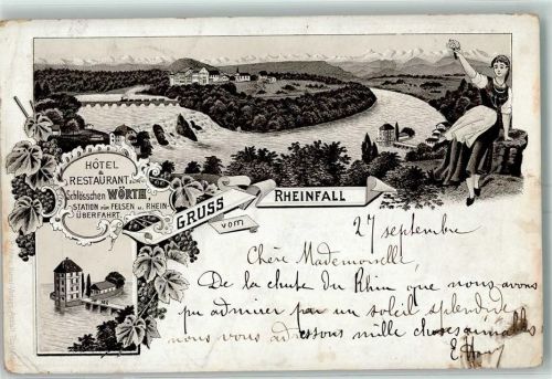 8212 Neuhausen am Rheinfall 1895 Lithographie Hotel Restaurant Schlösschen Wörth Rheinfall