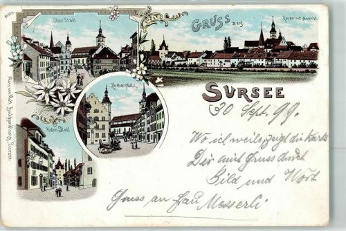 6210 Sursee 1899 Lithographie Oberstadt Kirchenplatz Unterstadt