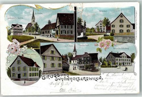 8577 Schönholzerswilen Gebrauchsspuren Ev. Kirche Gasthaus zur Sonne Kath. Kirche Schule Lithographie
