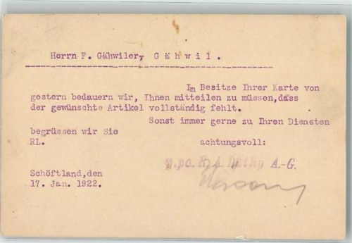 5040 Schöftland 1922 - Geschäftskorrespondenz Fa. Lüthy