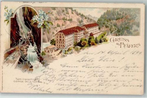7312 Pfäfers 1899 Lithographie Gruss aus - Hotel und Wasserfall, Verlag Müller & Trüb 240 AK