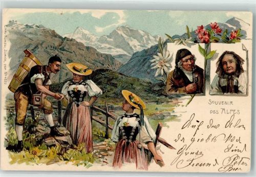 1900 Lithographie Souvenier aus den Alpen Pfeife Trachten