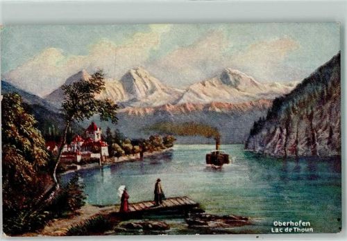 3653 Oberhofen am Thunersee 1923 Künstlerkarte Dampfschiff Ufer Frau Mann Schirm Turm sign.