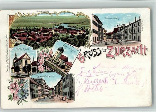 5330 Bad Zurzach BOAKC Lithographie Rathausplatz Kath. Kirche Reform. Kirche Bahnhofstraße