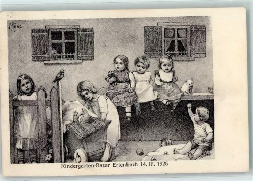 8703 Erlenbach ZH Künstlerkarte Kindergarten Bazar Meta Löwe sign.