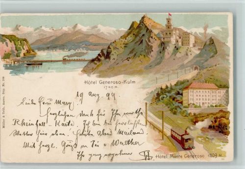 Monte Generoso 1899 Lithographie / Künstlerkarte Gruss aus - Hotel Monte Generoso, Bergbahn, Verlag Müller & Trüb Nr. 104 AK