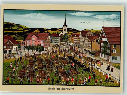9107 Urnäsch Künstlerkarte Marktszene Jahrmarkt sign. W. Keller