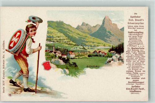 6410 Goldau Lithographie Mann Tracht Rückentragekorb Werbung Apotheker Rich. Brandts Schweizerpillen Serie XIV Kanton Schwyz Nr. 4