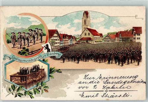 9064 Hundwil 1899 Lithographie Landsgemeindegruss Versammlung Musikgruppe