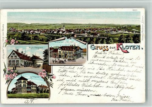 8302 Kloten 1901 BOAKC Lithographie Post Telegraph Leihkasse Gasthaus Zum wilden Mann Gebrauchsspuren, bitte Scan genau beachten!