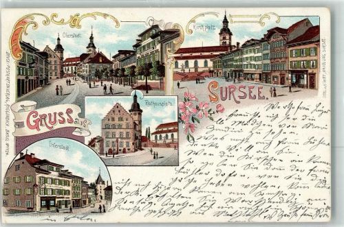 6210 Sursee 1906 Lithographie Oberstadt Kirchplatz Rathausplatz Unterstadt
