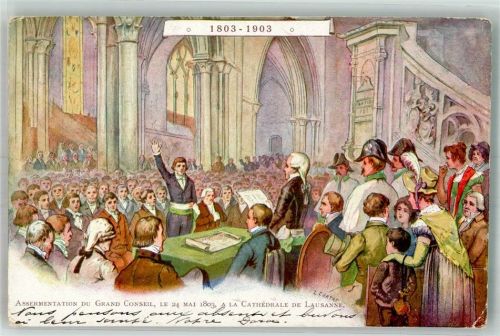 1000 Lausanne Losanna 1903 Lithographie / Künstlerkarte Kirche Assermentation du Grand Conseil 1803 Bahnpost Zug 0352