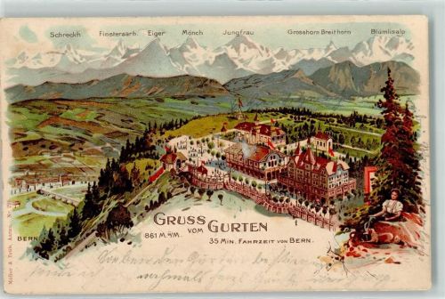 3098 Köniz 1901 Lithographie Gurten Hotel Gurten Bahn Gurten Kulm