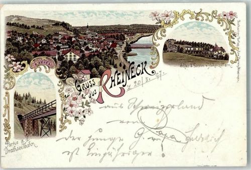 9424 Rheineck 1897 Lithographie Drahtseilbahn Schloss des Fürsten v. Hohenzollern