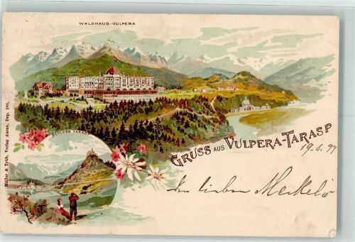 7553 Tarasp 1897 Lithographie Waldhaus Vulpera Schloss Tarasp
