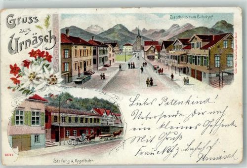 9107 Urnäsch Gebrauchsspuren Gasthaus Zum Bahnhof Stallung Kegelbahn Lithographie