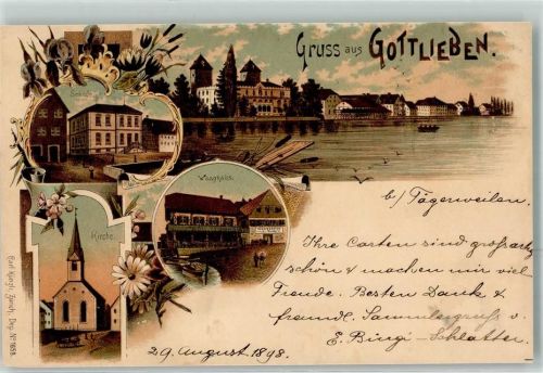 8274 Gottlieben Gebrauchsspuren Schule Kirche Waaghaus Lithographie