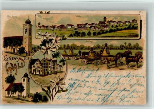 9044 Wald AR BOAKC Lithographie Neue Kirche Glocken Post Alte Kirche Gebrauchsspuren, bitte Scan genau beachten!