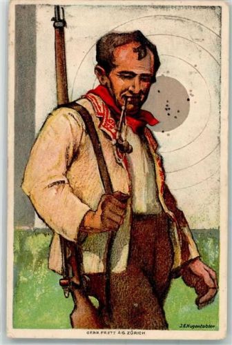 1824 Künstlerkarte sign. Hugentobler J.E.H. Gewehr Pfeife