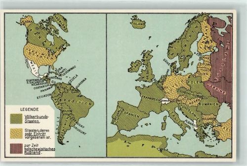 1920 - Karte der Völkerbundsstaaten zur eidg. Volksabstimmung Beitritt der Schweiz zum Völkerbund