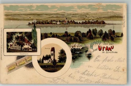 Ufenau Insel 1901 Gebrauchsspuren Kirche Gasthaus Lithographie