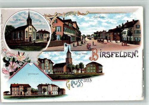 4127 Birsfelden 1900 BOAKC Lithographie Kath. Kirche Protest. Kirche Schulhäuser Hauptstraße