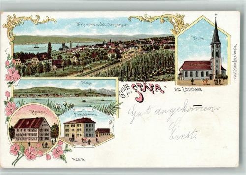 8712 Stäfa 1898 BOAKC Lithographie Kirche Pfarrhaus Neues Schulhaus