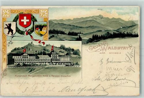 9104 Waldstatt 1902 Prägedruck Säntis Kuranstalt Morgenstern Hotel Pension Hirschen Lithographie