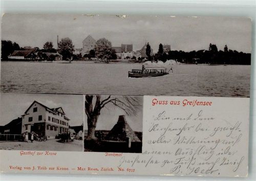 8606 Greifensee 1903 Foto AK Postkutsche Denkmal Pyramide Gasthaus zur Krone Motorschiff