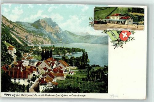 8872 Weesen - Bahnhof Wappen Kirche Walensee Kurort