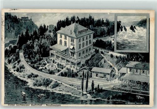 8212 Neuhausen am Rheinfall Lithographie / Künstlerkarte Hotel Schweizer Bahnhof sign. Bruhin Bahnpost Zug 22