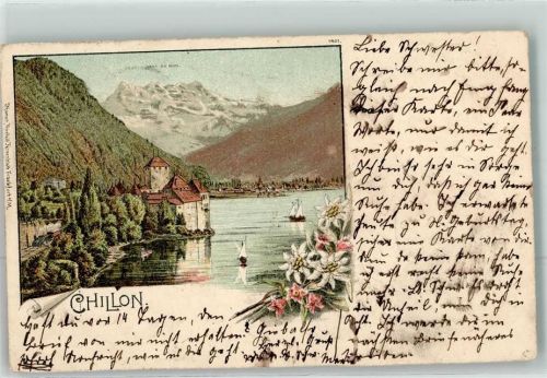 Chillon Chateau 1902 Gebrauchsspuren Lithographie Segelschiffe