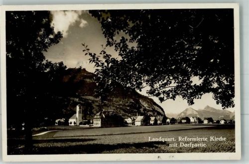 7302 Landquart 1935 Foto AK Ref. Kirche Bahnpost Räth.Bahn Zug 17