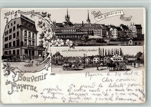 1530 Payerne 1912 BOAKC Hotel Terminus Kutsche Lithographie