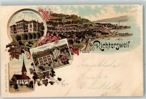 8805 Richterswil Lithographie Kranken-Asyl Schulhäuser Kirche Raddampfer Verlag Künzli Nr 497