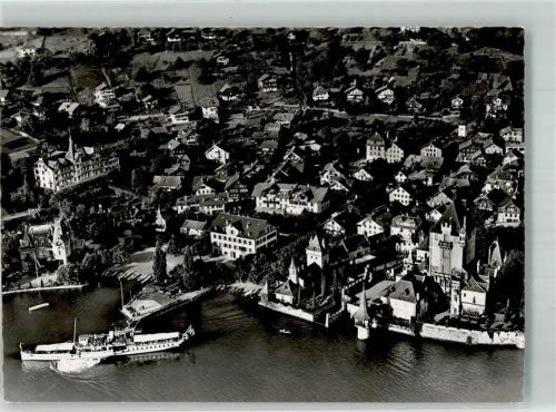 3653 Oberhofen am Thunersee 1953 Foto AK Fliegeraufnahme Dampfschiff Hafen