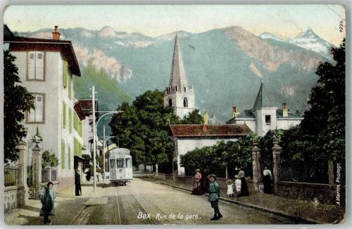 1880 Bex 1912 Gebrauchsspuren Straßenbahn Kirche Rue de la Gare