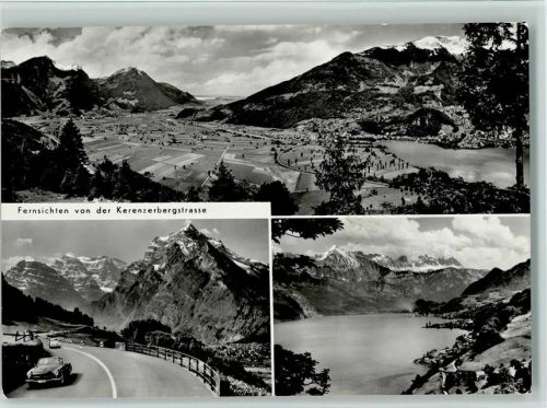 8757 Filzbach - Cafe Kerenzer-Berghus Panorama auf Linthebene und Weesen am Walensee Glärnisch Rauti und Näfels Walensee gegen Alvierkette Oldtimer Fenrsichten von der Kerenzerbergstrasse