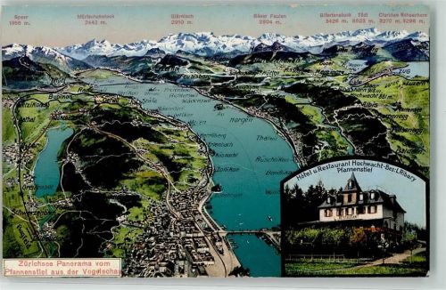 Pfannenstiel Gebrauchsspuren Vogelschau Zürichsee Hotel Hochwacht Lithographie