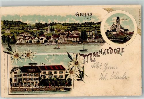 8708 Männedorf 1903 Lithographie Hotel Wildenmann Kirche