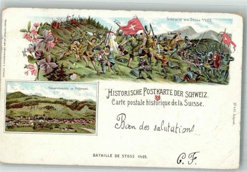 6443 Morschach Lithographie Historische Postkarte Schweiz Schlacht am Stoss 1405