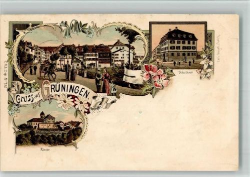 8627 Grüningen 1900 BOAKC Lithographie Kirche Schulhaus Verlag Künzli Nr 733