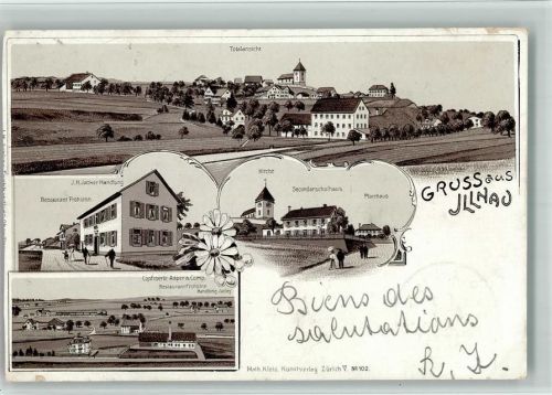 8308 Illnau 1906 BOAKC Lithographie Handlung J. H. Jucker Gasthaus Frohsinn Confiserie Asper & Comp. Kirche Sekundarschulhaus Pfarrhaus Beschnitten Gebrauchsspuren, bitte Scan genau beachten!